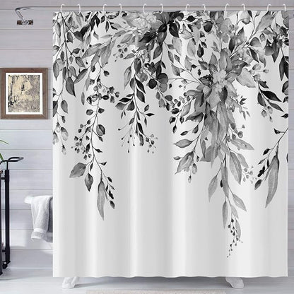 Eucalyptus Shower Curtain, Watercolor Black Leaves on The Top Plant with Floral Bathroom Curtain Bathtub Home Decor Waterproof Fabric Machine Washable 12 Hooks, Leaf, 78'Lx72'W, (GCI-9989)