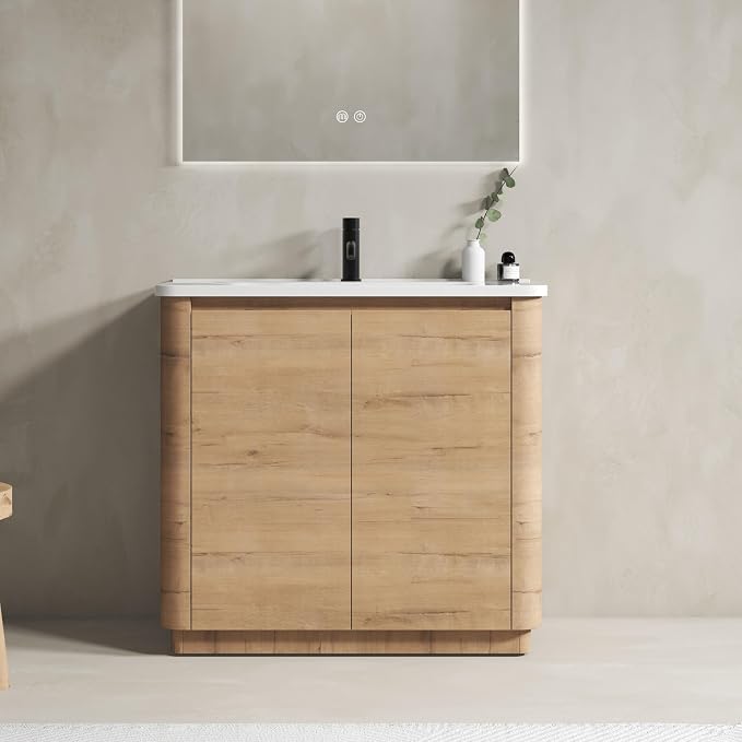 36-Inch Bathroom Vanity with Sink Mid-Century Bathroom Vanities with Top Basin Floor Wood Bathroom Sink Cabinet with Soft-Close Doors & Adjustable Storage Shelves (Brown)