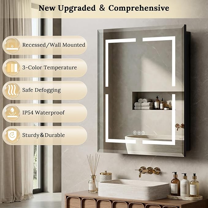 20"X30" Bathroom Medicine Cabinet with Mirror, LED Lighted Medicine Cabinet with Anti-Fog, 3 Colors Temperature Stepless Dimmable, Metal Cabinet for Storage and Mordern Decor, Black