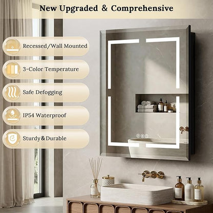 20"X30" Bathroom Medicine Cabinet with Mirror, LED Lighted Medicine Cabinet with Anti-Fog, 3 Colors Temperature Stepless Dimmable, Metal Cabinet for Storage and Mordern Decor, Black