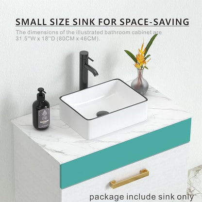 J-FAMILY 14.5'' x 10.6'' Small Vessel Sink Bathroom Above Counter White Porcelain Ceramic Rectangular Sink Bowl Black Trim Decoration Small Vanity Sink Lavatory Wash Basin