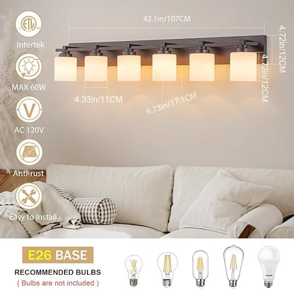 6 Light Modern Bathroom Light Fixtures Over Mirror, Bronze Finish Vanity Lights for Bathroom Wall Sconces with Milky White Glass Shades, E26 Socket (Bulbs Not Included)