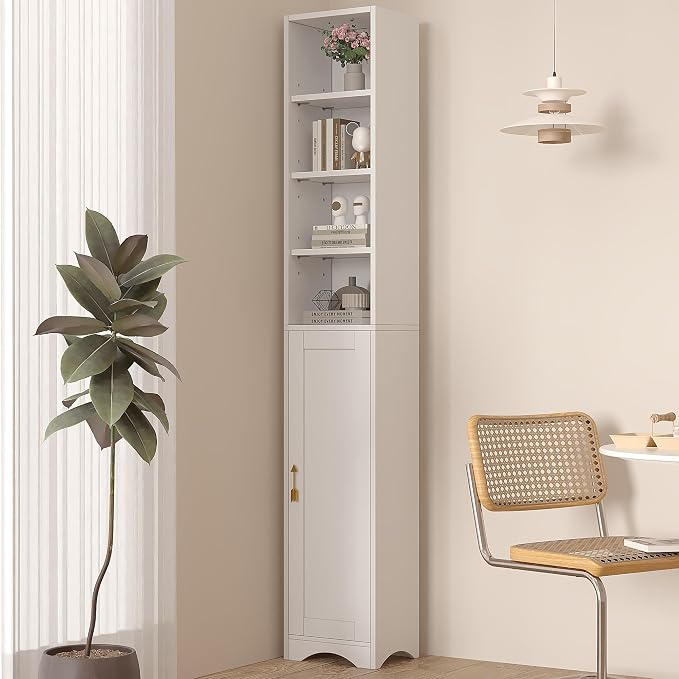 VECELO Narrow Tall Cabinet with Closed Door, 6 Adjustable Movable Shelves, Wood Space Saving Corner Storage Unit, Pearl White