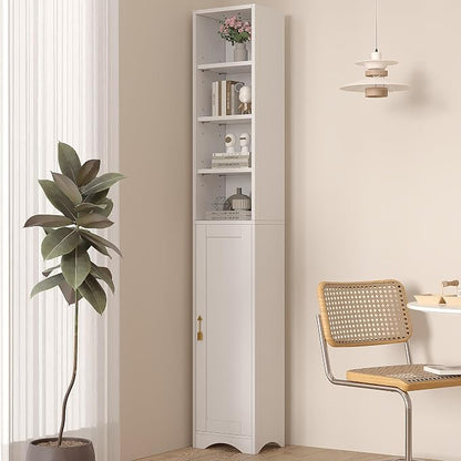 VECELO Narrow Tall Cabinet with Closed Door, 6 Adjustable Movable Shelves, Wood Space Saving Corner Storage Unit, Pearl White
