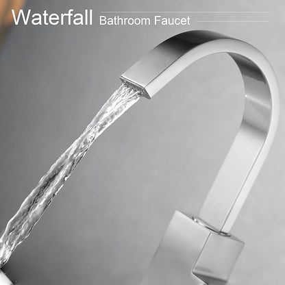 Brushed Nickel Single Handle Tall Bathroom Faucet，Vessel Sink Faucet Waterfall Bathroom Faucet Single Hole Lavatory Vanity Tap Single Hole Bar Sink Faucet with Pop Up Drain and Supply Lines,SL50044BN