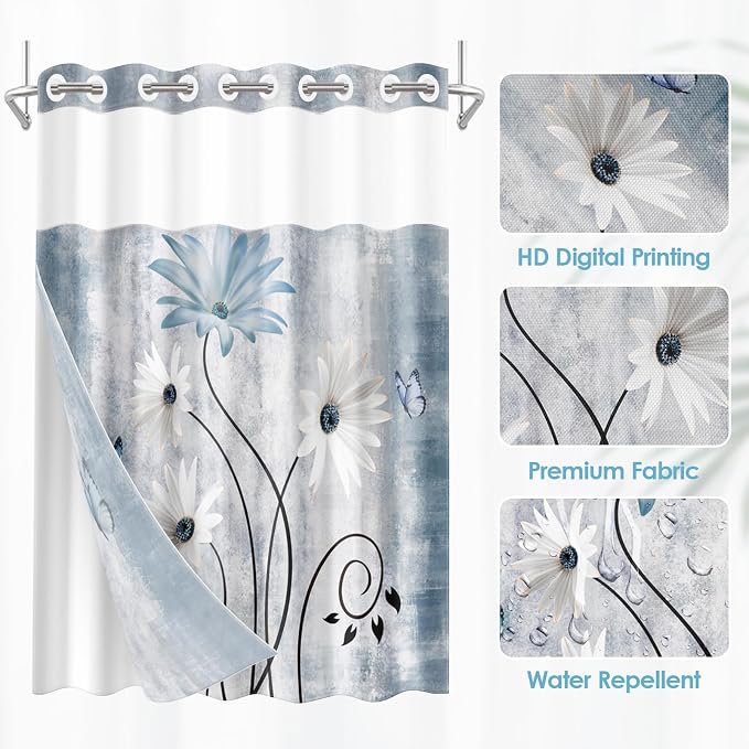 No Hook Shower Curtain with Snap in Liner 71x74 Inch Daisy Blue | Farmhouse Butterfly Wooden Modern Double Layers Waterproof Fabric with See Through Top Window Open Grommet Bath Curtain