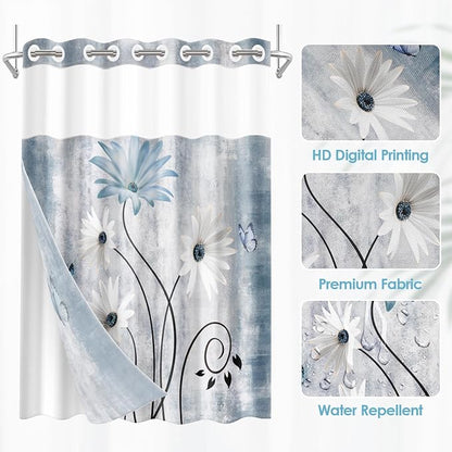 No Hook Shower Curtain with Snap in Liner 71x74 Inch Daisy Blue | Farmhouse Butterfly Wooden Modern Double Layers Waterproof Fabric with See Through Top Window Open Grommet Bath Curtain