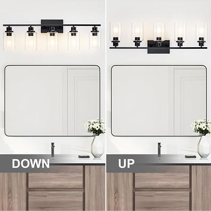 5 Light Bathroom Light Fixtures Black Vanity Light Over Mirror Modern Farmhouse Wall Lighting Sconces Wall Lamp for Bathroom, Bedroom, Living Room E26 Socket with Glass Shade