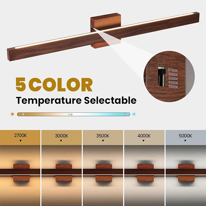 Bathroom Vanity Light 32 Inch, 26W Dimmable 5CCT LED Bathroom Light Fixture Over Mirror Brown Wood Finish Vanity Lighting Fixture Bar with Up & Down Lighting for Restroom Bedroom