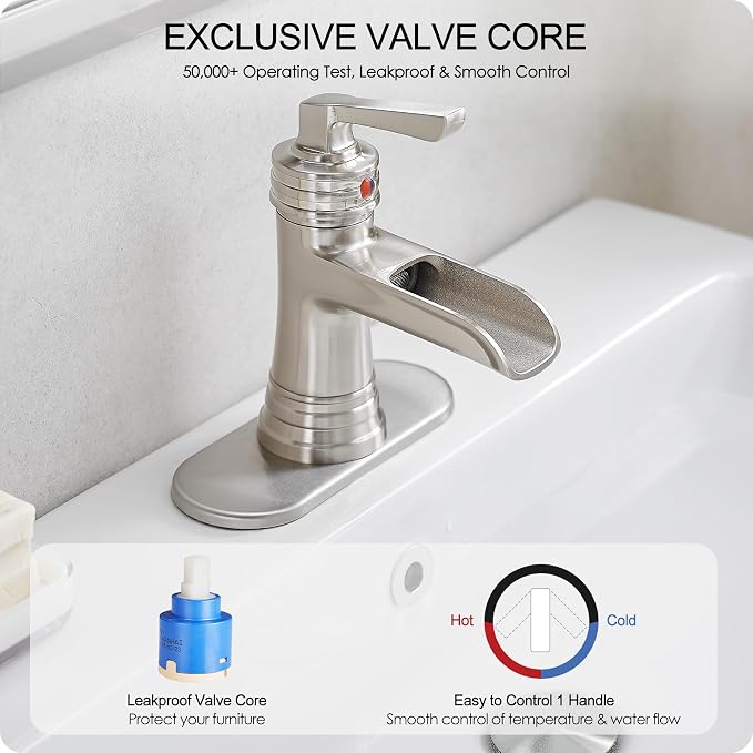 Brass Brushed Nickel Bathroom Faucet 3 Hole 4 Inch Waterfall Bathroom Faucet Single Hole, 1 Handle with Pop-up Drain, Deck Plate, cUPC Supply Pipes for Vanity, Restroom, 5 Mins Quick Install