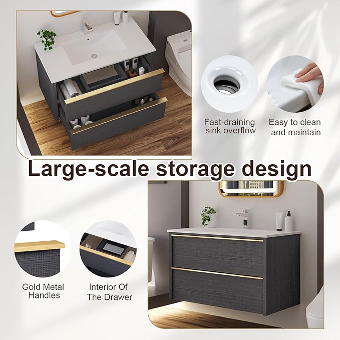 Floating Bathroom Vanity with Sink Wall Mounted Cabinet with 2 Soft-Close Drawers, Moisture-Resistant MDF,Large Storage for Small Space (Gray 36")