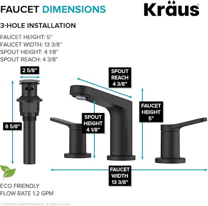 KRAUS Indy Widespread Bathroom Faucet in Matte Black with 2 Handles, Pop Up Drain and Supply Lines, FUS-14103MB