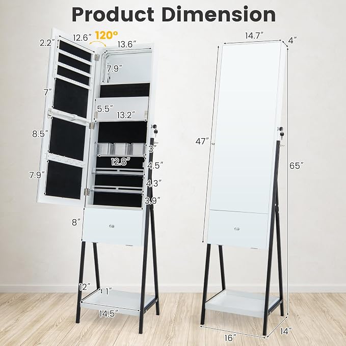 CHARMAID Jewelry Cabinet Armoire with Full Length Mirror, 3-Color Light Strips, Mirrored Tilt out Drawer, Lockable Standing Jewelry Organizer with Storage Shelves, Metal Stand (White)