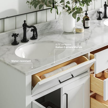 ARIEL Hepburn 72-inch Bathroom Vanity with Sink,Solid Wood, 0.75-inch Italian Carrara Marble Countertop & Backsplash, Double Oval Porcelain Sink, 4 Soft Closing Doors, 6 Dovetail Drawers, White