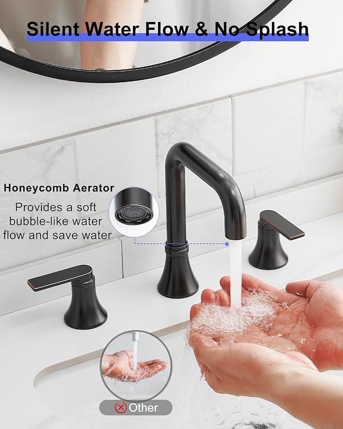 8 Inch Widespread Bathroom Faucet 3 Hole, Bronze Faucet for Bathroom Sink 360 Degree Swivel, 2 Handles Bathroom Faucets with Pop-Up Drain & Water Supply Hose for Modern, Classic, Lead-Free