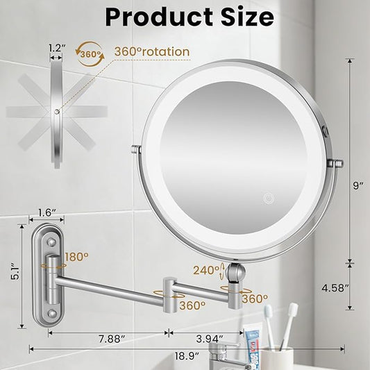 9" Wall Mounted LED Lighted Makeup Vanity Mirror - 4000mAh Rechargeable Double Sided 1X/30X Magnifying Mirror, 3 Color Lights Touch Dimmable, Height Adjustable Extended Arm 360° Swivel Bathroom Mirror