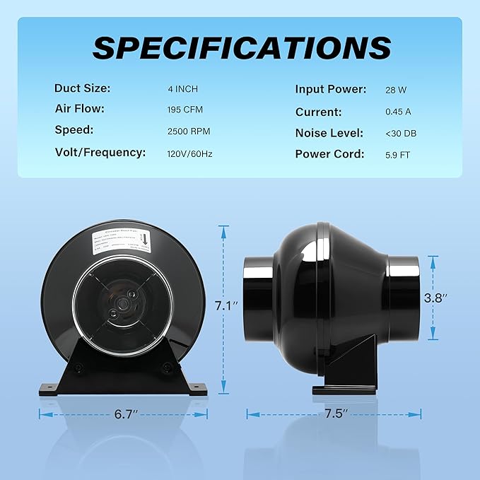 HealSmart 4 Inch Exhaust Inline Duct 195 CFM Quiet Vent Booster Blower for Indoor Grow Tent Hydroponics Ventilation, Fan New, Black