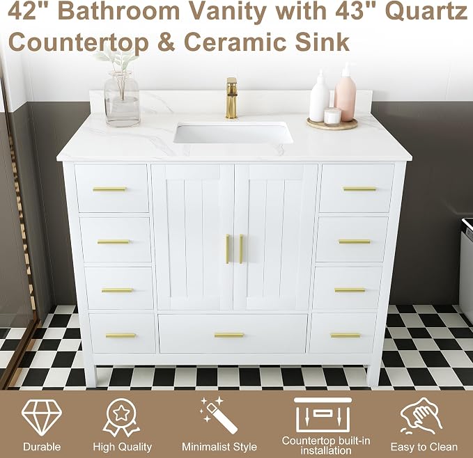 42 Inch Bathroom Vanity with Sink&Countertop,Carrara White Quartz Vanity Top with Sink&Backsplash,White Bathroom Cabinet Set with 2 Doors and 9 Drawer(Single Hole)
