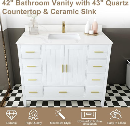 42 Inch Bathroom Vanity with Sink&Countertop,Carrara White Quartz Vanity Top with Sink&Backsplash,White Bathroom Cabinet Set with 2 Doors and 9 Drawer(Single Hole)