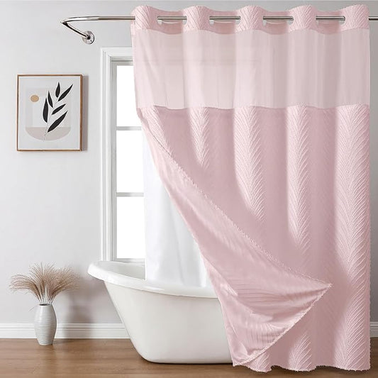 eachope no Hook Shower Curtain and Liner Set，Boho Style with See Through Top Window, Pink Fabric Tufted Striped Textured Outer Curtain & Waterproof Inner Liner, Pink, 71Wx74H