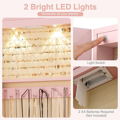 Moccha Wall Door Jewelry Armoire, 47.5" H Full Length Mirrored Jewelry Cabinet with 2 LED Lights and 2 Drawers, Lockable Jewelry Cabinet, Jewelry Organizer Storage for Bedroom (Light Pink)