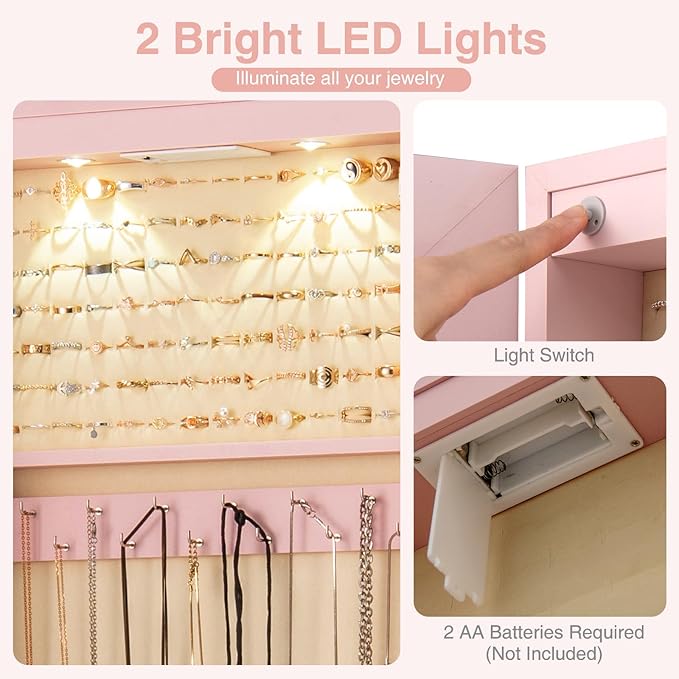 Moccha Wall Door Jewelry Armoire, 47.5" H Full Length Mirrored Jewelry Cabinet with 2 LED Lights and 2 Drawers, Lockable Jewelry Cabinet, Jewelry Organizer Storage for Bedroom, Pink