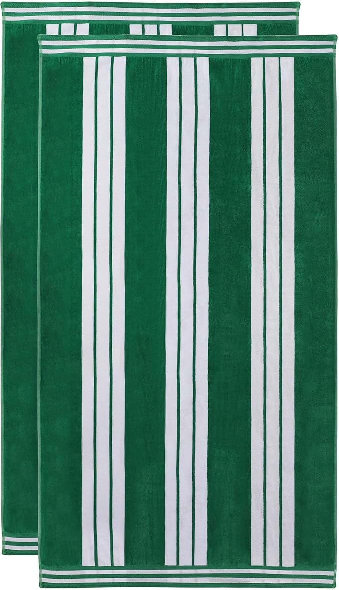 Superior Oversized Cotton Beach Towel Set of 2, Absorbent Towels for Bathroom, Beach, Pool, Swim, Adults, Kids, Vacation, Travel, Bath, Quick Dry Basics, Trip Essentials, Striped Decor, Dark Green