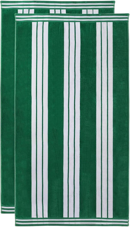 Superior Oversized Cotton Beach Towel Set of 2, Absorbent Towels for Bathroom, Beach, Pool, Swim, Adults, Kids, Vacation, Travel, Bath, Quick Dry Basics, Trip Essentials, Striped Decor, Dark Green