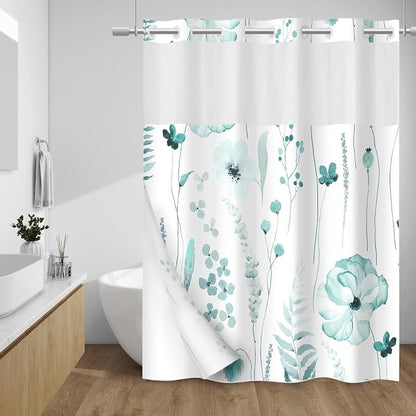 No Hook Floral Shower Curtain with Liner, Seaweed Green, 71x74 | Snap in Liner, 3 in 1, Water Repellent, Easy Install, Machine Washable, Hotel Style for Bathroom, Watercolor Pattern