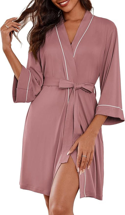Ekouaer Women Kimono Robes Knee Length Knit Bathrobe Lightweight Soft Sleepwear V-neck Casual Ladies Loungewear