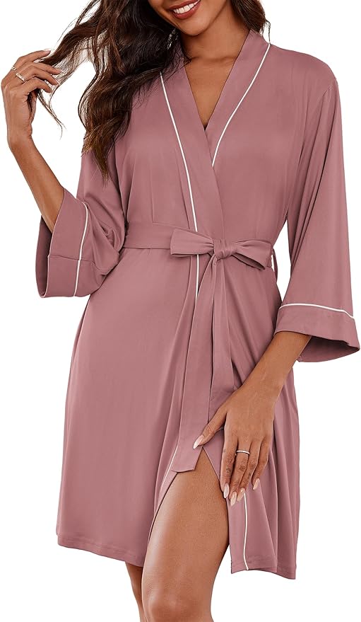 Ekouaer Women Kimono Robes Knee Length Knit Bathrobe Lightweight Soft Sleepwear V-neck Casual Ladies Loungewear