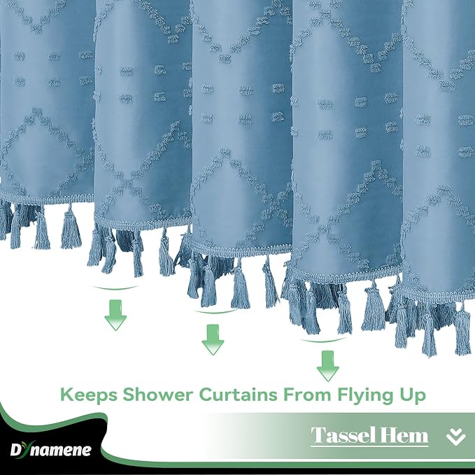 Long Boho Shower Curtain Tufted Geometric 72"x78" Moonlight Blue | 78 Inch Tall, Elegant Tassel, Lightweight Textured Fabric, Water Repellent, Washable, Hotel Spa, for Bathroom/Dorm 12 Hooks