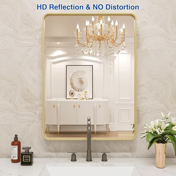 WEER 22X30 Inch Gold Bathroom Vanity Mirror | Rounded Rectangle Gold Mirror, Brushed Gold Metal Frame, Tempered Glass, Anti-Rust, Hangs Horizontally or Vertically