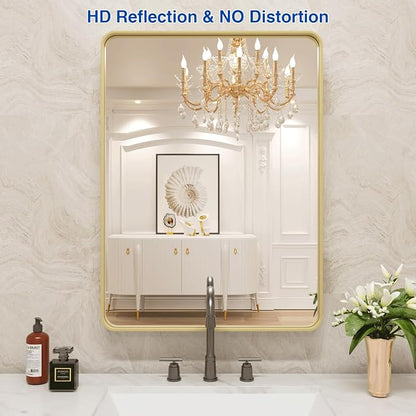 WEER 22X30 Inch Gold Bathroom Vanity Mirror | Rounded Rectangle Gold Mirror, Brushed Gold Metal Frame, Tempered Glass, Anti-Rust, Hangs Horizontally or Vertically