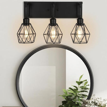 Somniferous Farmhouse Bathroom Light Fixtures, 3 Light Bathroom Vanity Lights Over Mirror, Black Vanity Light with Caged Metal Shade, Rustic Wall Sconce for Bedroom, Living Room, Hallway, E26 Socket