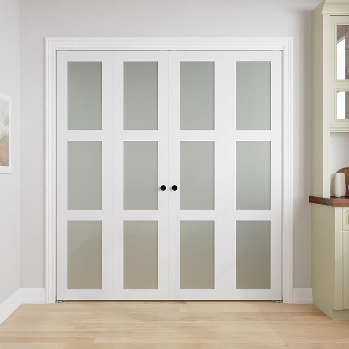 Bifold Doors for 64" x 80-3/4" Opening, 3-lite Tempered Frosted Glass Closet Folding Doors with Hardware kit Included, Easy Assembly, White | Closet Folding Doors with Hardware kit Included, Easy Assembly for Pantry Closet, White,Water-Proof PVC Surfac...