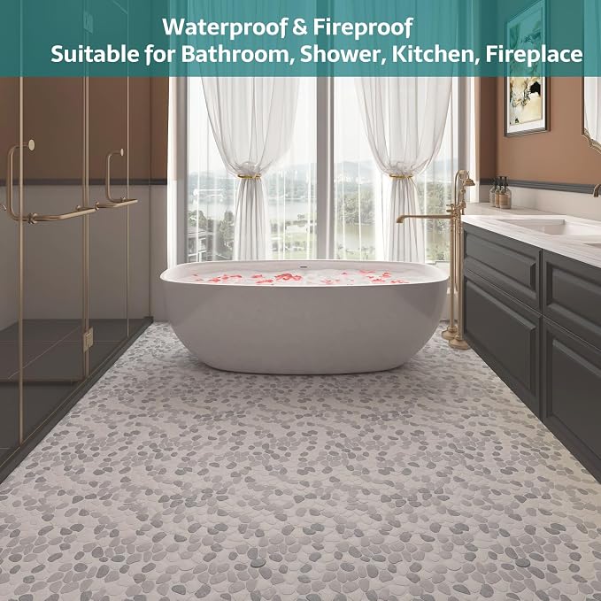 Pebble Tile, Grey with White Pebble Tiles for Shower Floor Kitchen Backsplash Bathroom Wall and Floor Tile, 5 Sheets