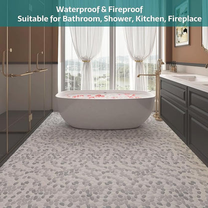 Pebble Tile, Grey with White Pebble Tiles for Shower Floor Kitchen Backsplash Bathroom Wall and Floor Tile, 5 Sheets