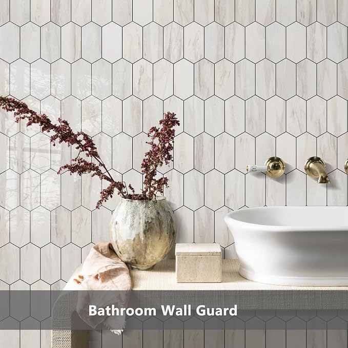 Vamos Tile Long Hexagon Peel and Stick Backsplash Tile - 1 Sheet Stick on Backsplash for Kitchen and Bathroom 12.4 x 12 Inch Glossy Wood Grain PVC Self Adhesive Mosaic Wall Tiles