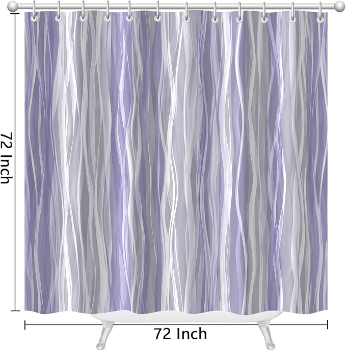 Moonslim Purple Lavender Grey Ombre Shower Curtain, Modern Wavy Abstract Striped Line Bathroom Curtain, Waterproof Fabric Bath Decor, 72 x 72 Inch