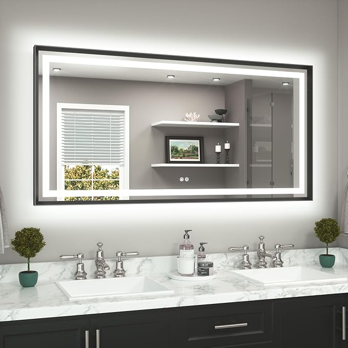 60 x 30 Large Bathroom Mirror Brushed Black Metal Frame Frontlit & Backlit Vanity Mirror 3 Colors White/Warm/Natural Stepless Dimmable Anti-Fog Bathroom Mirrors for Vanity Wall-Mounted