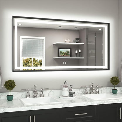 60 x 30 Large Bathroom Mirror Brushed Black Metal Frame Frontlit & Backlit Vanity Mirror 3 Colors White/Warm/Natural Stepless Dimmable Anti-Fog Bathroom Mirrors for Vanity Wall-Mounted
