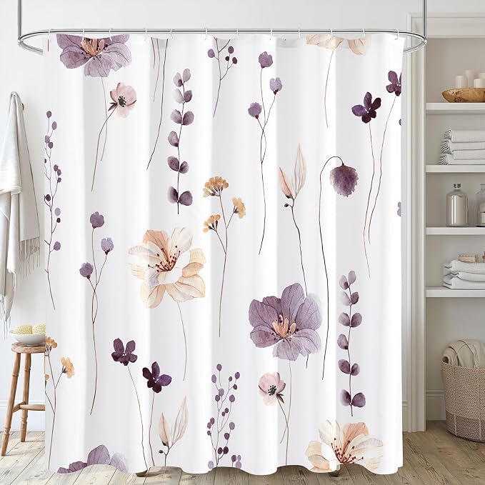 Plum Beige Beige Watercolor Floral Fabric Shower Curtain, 72x78 | Waterproof Fabric, Modern Minimalist Floral Print, Machine Washable, Rustproof Grommets, Fade Resistant, for Bath Home
