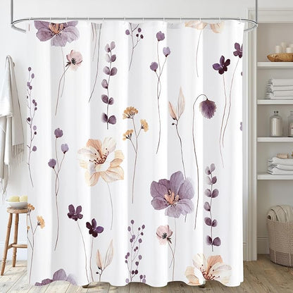 Plum Beige Watercolor Floral Fabric Shower Curtain, 72x72 | Waterproof Fabric, Modern Minimalist Floral Print, Machine Washable, Rustproof Grommets, for Bathroom Home