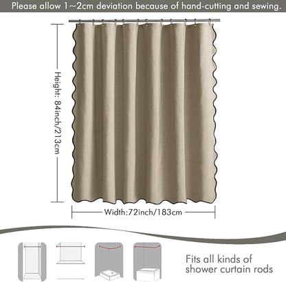 MIULEE 72"x84" Extra Long Scalloped Linen Shower Curtain Khaki | Linen Textured, Waterproof, Washable, 12 Metal Hooks, Heavy Duty Cloth, Black Border, Shower Curtain for Bathroom Bathtub