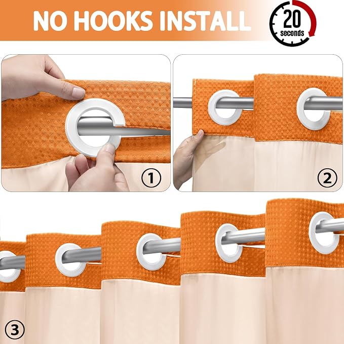 No Hook Shower Curtain and Liner Set,Orange Hotel Waffle Shower Curtain with Liner 75" L x 72" W