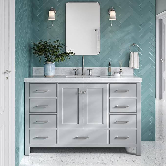 DKB Beckford 54-Inch Grey Bathroom Vanity with 1.5-Inch Edge Italian Carrara Marble Countertop & Backsplash, Center Rectangular Sink, 2 Soft Closing Doors, 9 Dovetail Drawers, Brushed Nickel