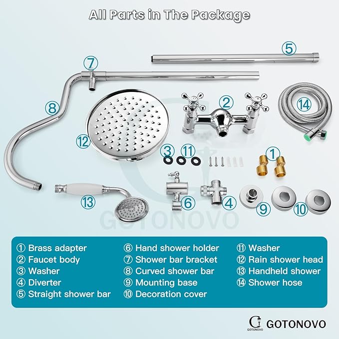 gotonovo Luxury Exposed Shower Faucet Set Bathroom Shower System 8 Inch Wall Mount Rainfall Shower Head with Handheld Spray Cross Double Handle Shower Fixture Adjustable Arc Rod Polish Chrome