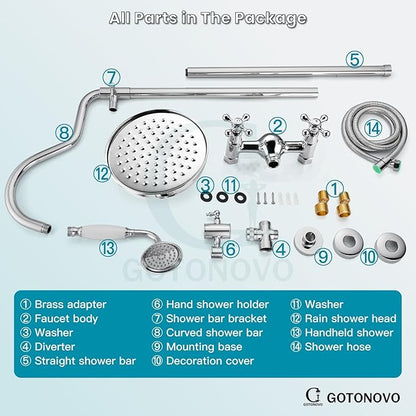 gotonovo Luxury Exposed Shower Faucet Set Bathroom Shower System 8 Inch Wall Mount Rainfall Shower Head with Handheld Spray Cross Double Handle Shower Fixture Adjustable Arc Rod Polish Chrome