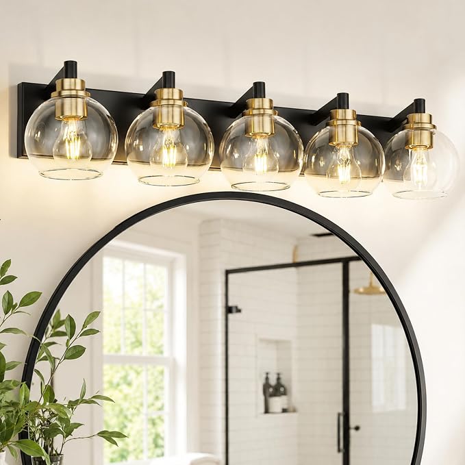 5-Light Black and Gold Bathroom Vanity Light, Clear Glass Globes | Ideal for 36-48" mirrors, 32" modern bathroom light fixtures over mirror, E26 base, bulbs not included, VL195-KG-5